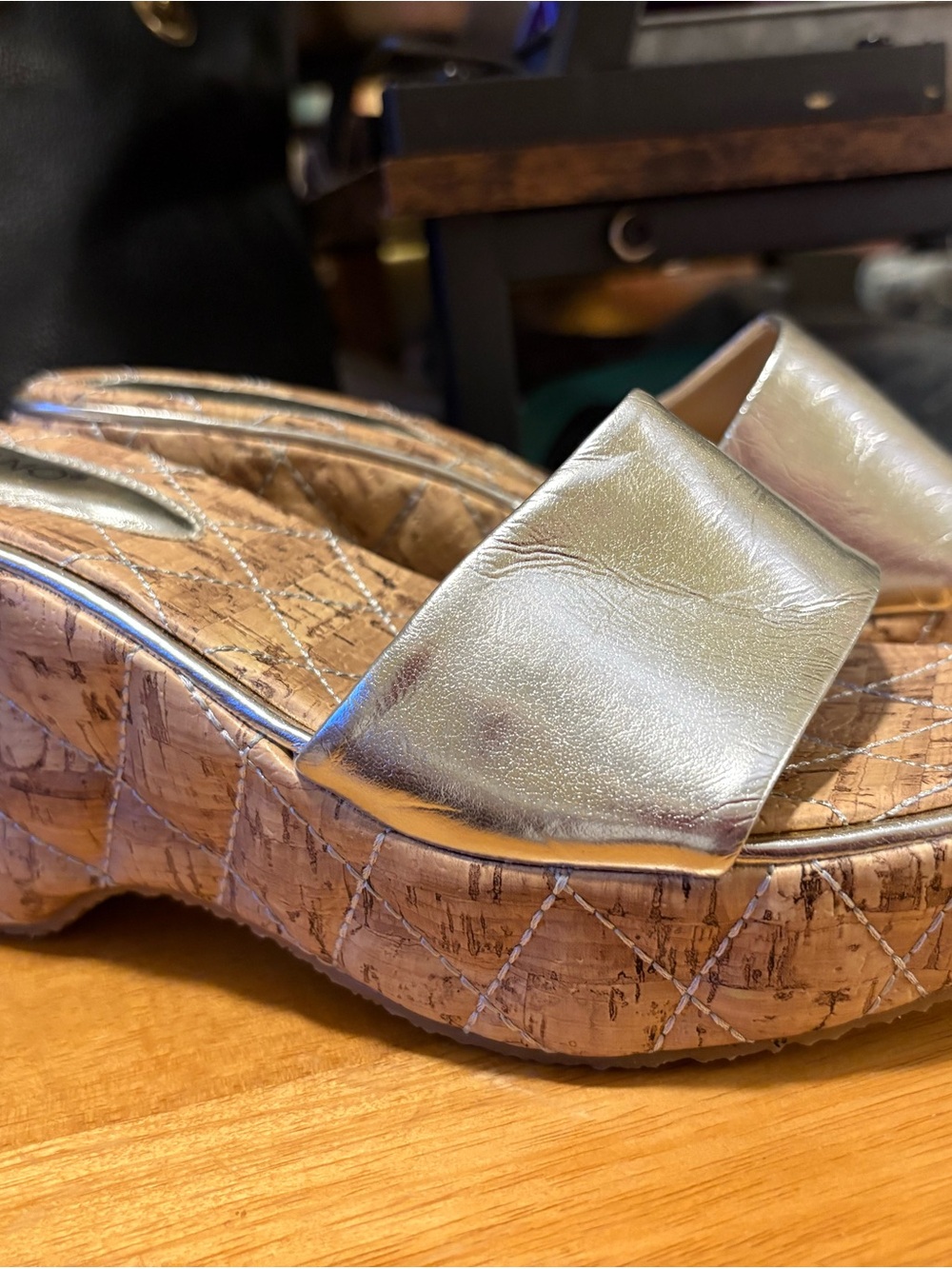 New Gitano Metallic Silver Cork Wedge Slide Sandals - Women